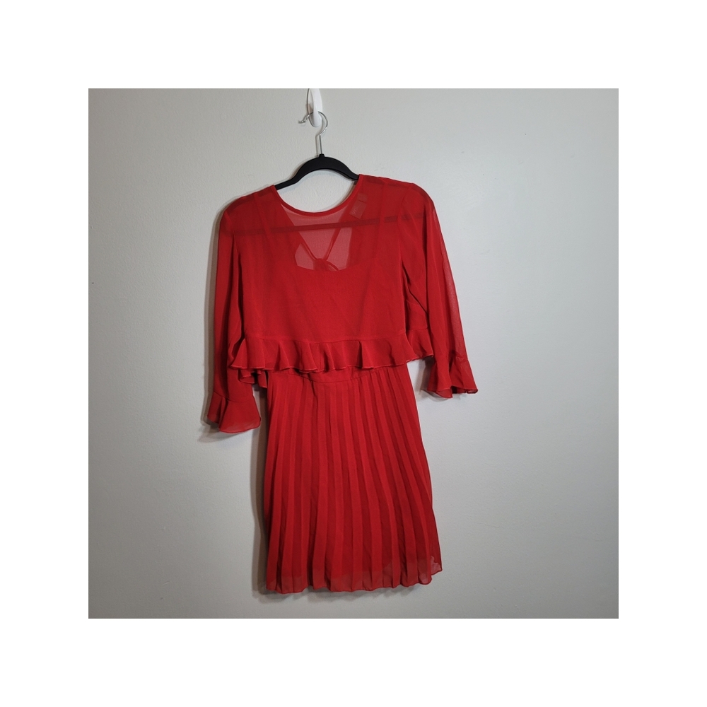 Asos Red Pleated 3/4 Bell Sleeve Ruffle Fit And Flare Mini Dress Size 4